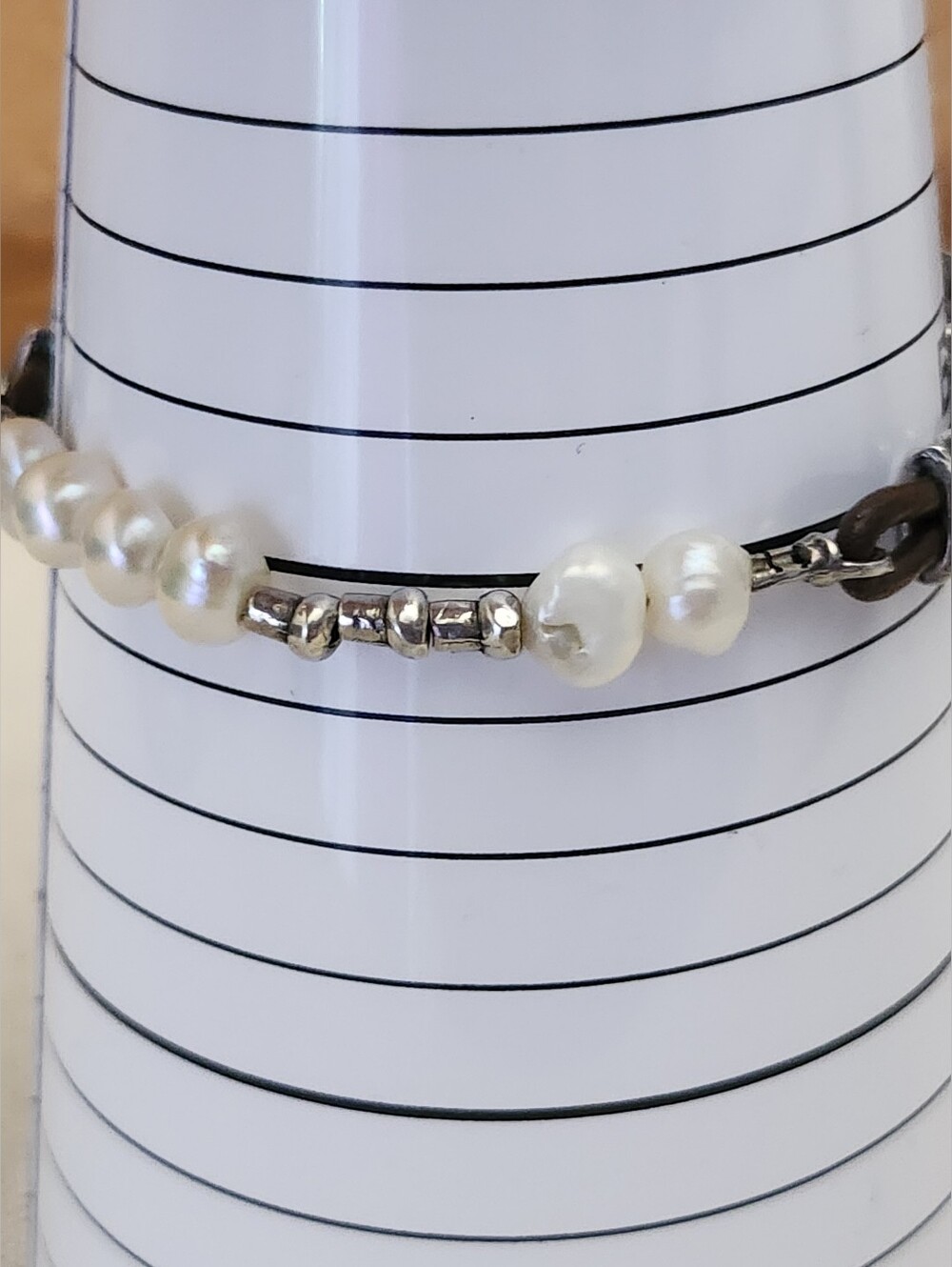 Silpada Delicate White Pearl Beaded Leather Bracelet with Silver Accents
